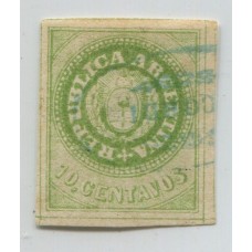 ARGENTINA 1862 GJ 11 ESCUDITO DE 10 Cts. ESTAMPILLA USADA MINIMOS ADELGAZAMIENTOS SOBRE 2 MARGENES U$ 275